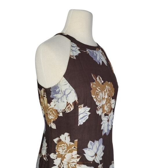 Boston Proper 100% Linen Floral Mini Dress 10 Brown High Neck Sleeveless Beach - Picture 7 of 12